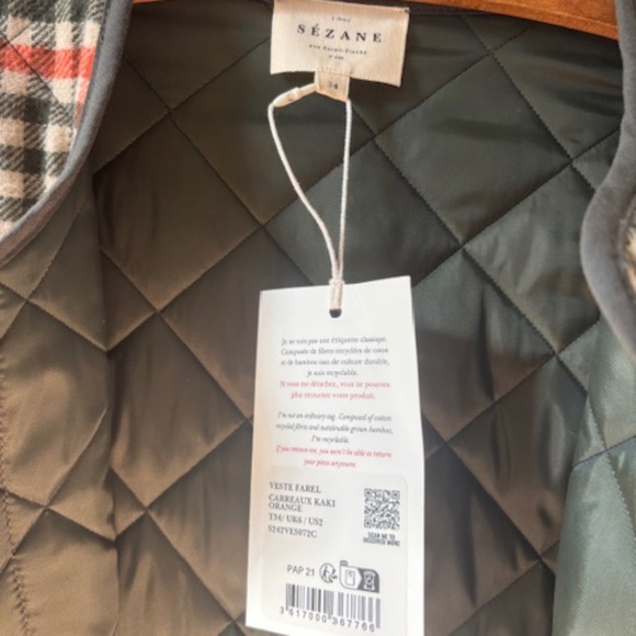 Sezane Plaid Quilted Jacket - Olive, Rust Orange, Cream - Picture 6 of 8